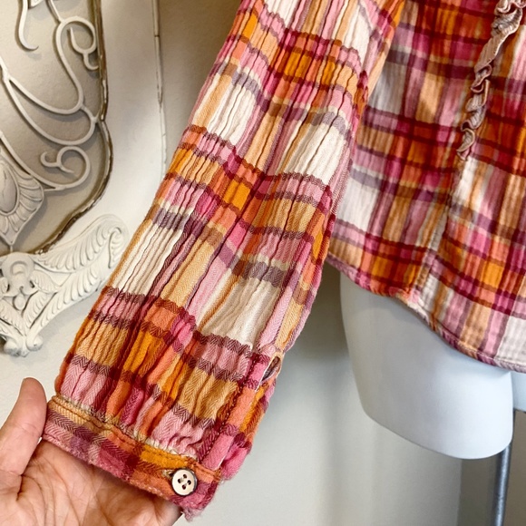 Free People | Womens Pink/Orange Plaid Ruffle Long Sleeve Smock Tie Back Top - Picture 8 of 10